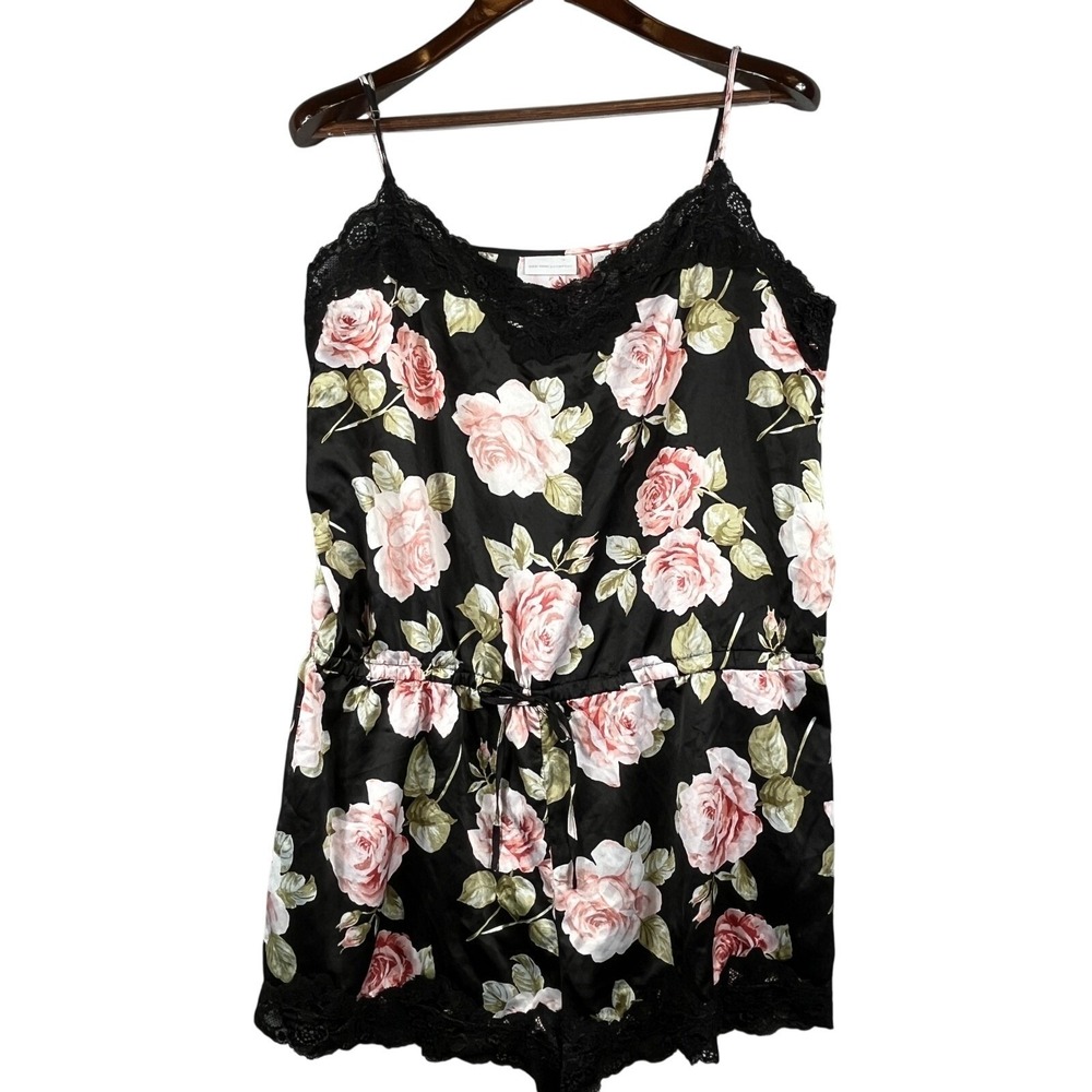 New York & Co Womens XL Floral Satin Sleepwear Romper Lace Trim Boho Lounge Pink